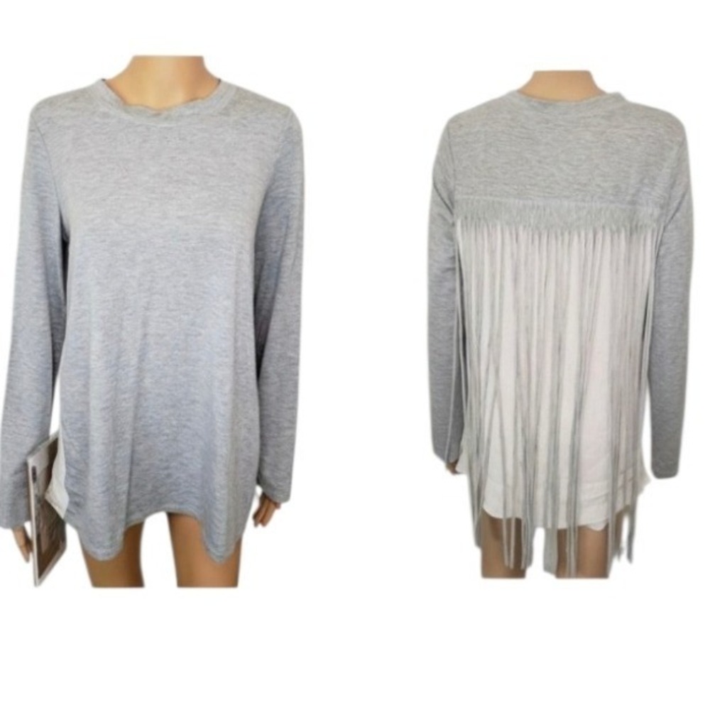 Anthropologie‎ Easel Two Tone Sweater Fringed Gray White Long Sleeve Small